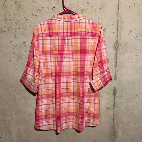 Studio Works NWT Women’s Pink Orange Coral PLAID BUTTON DOWN SHIRT BLOUSE SZ XL - Picture 7 of 9